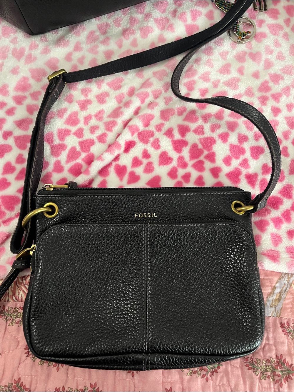 Fossil Black Pebbled Leather Small Crossbody with Gold Hardware